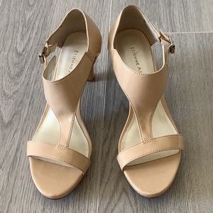 Etienne Aigner open toe heels in size 7.  3” heel. Synthetic materials. In nude.